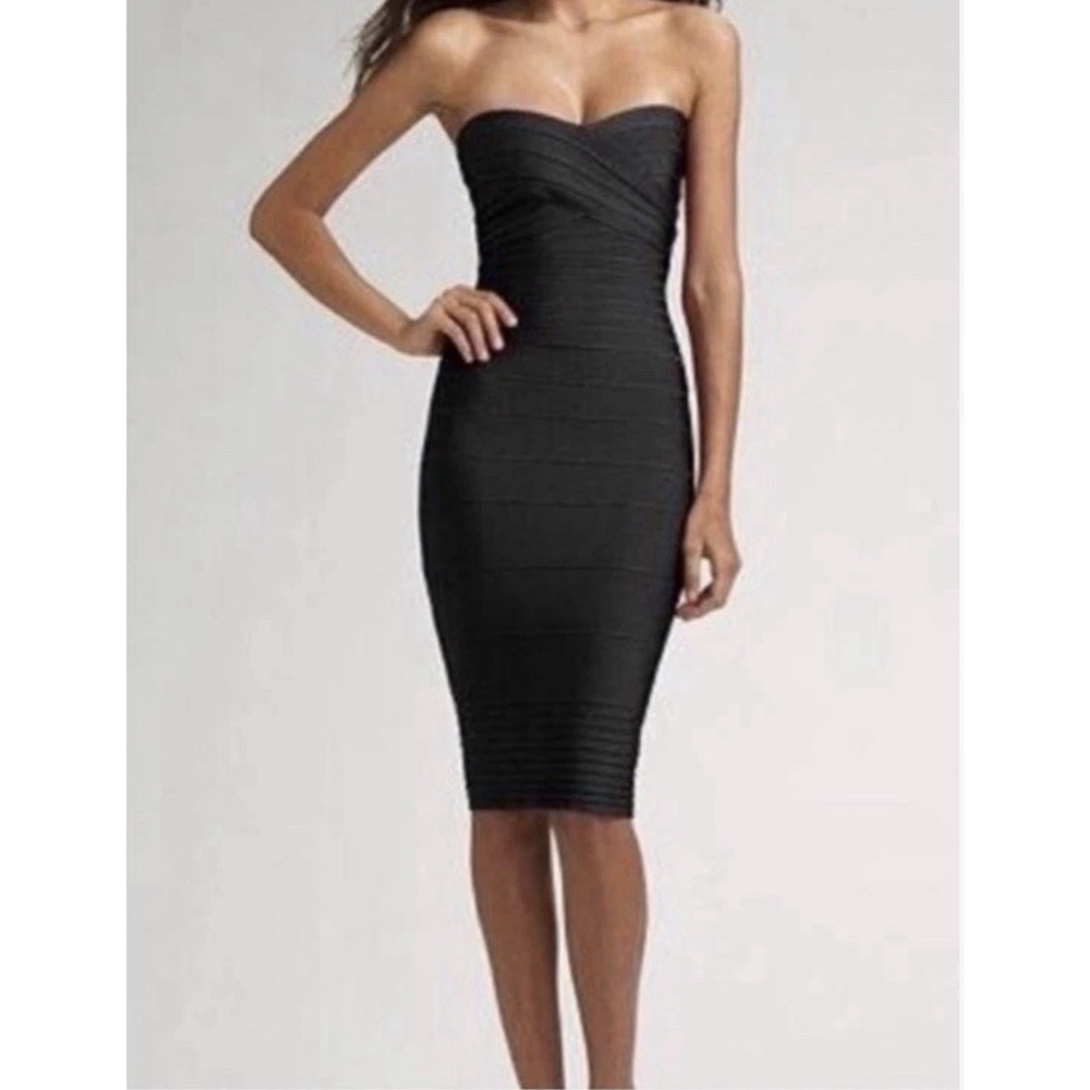 Herve Leger Black Strapless Bandage Dress Sweetheart Neck M LBD Bodycon Cocktail